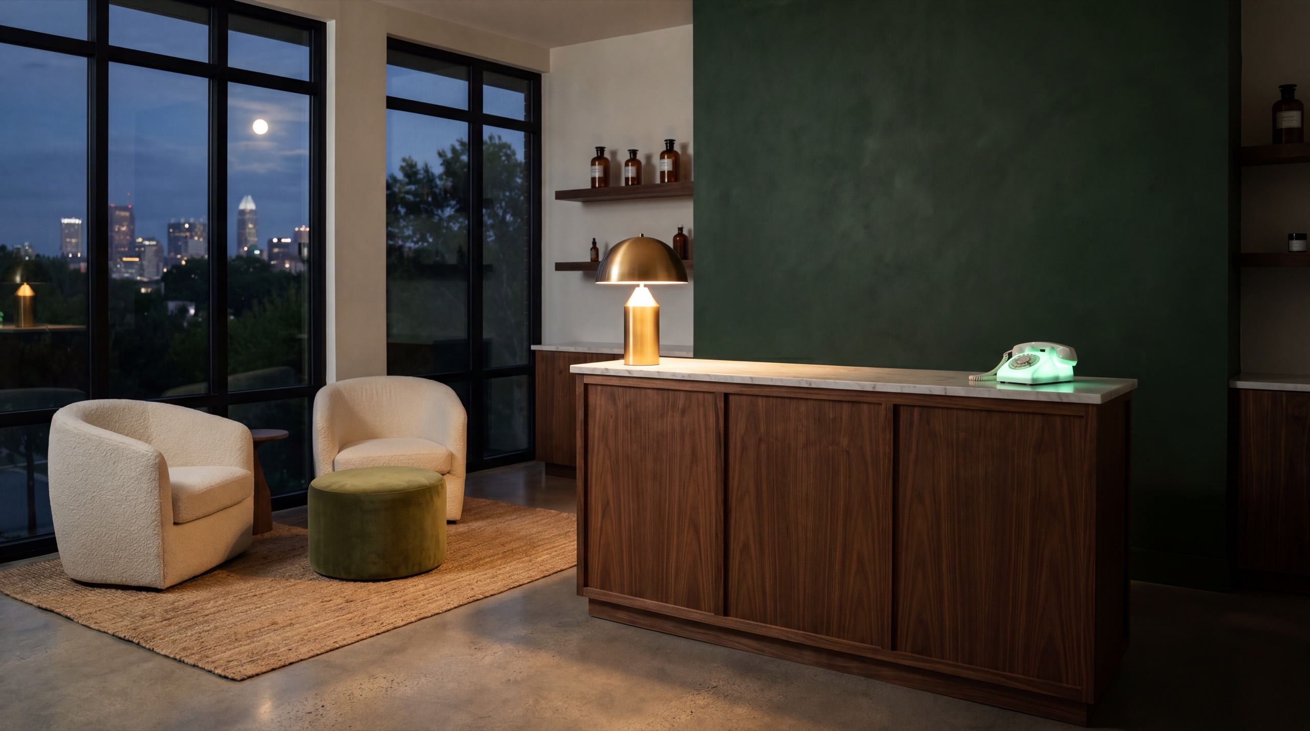 An upscale med-spa reception at night — empty cream armchairs, a forest-green accent wall, moonlit windows, and the desk phone still glowing mint.